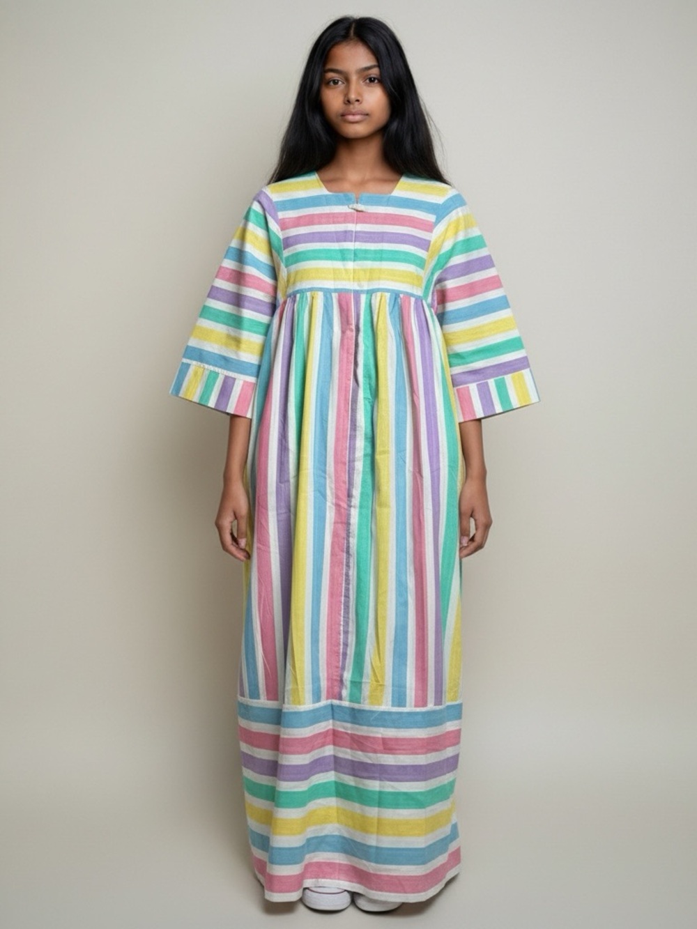 Vintage 70s 80s Leisure Life Pastel Rainbow Stripe Maxi Dress Small